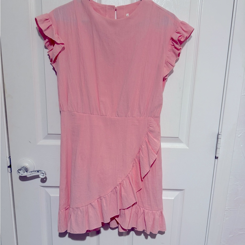 Pink ruffle faux wrap dress